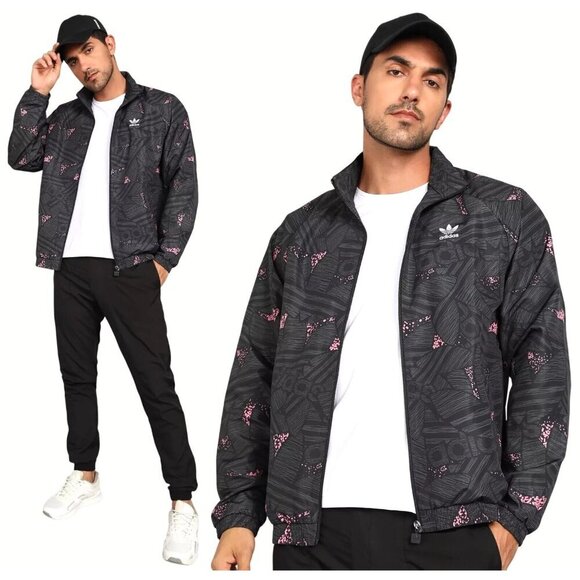 Adidas Originals Jacket Mens Sz M Black Grey Pink Abstract Full Zip Trefoil Logo - Picture 1 of 16